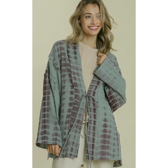 New Umgee L Dusty Sage Tie Dye Open Front Tie Kimono Side Slit - Picture 1 of 5